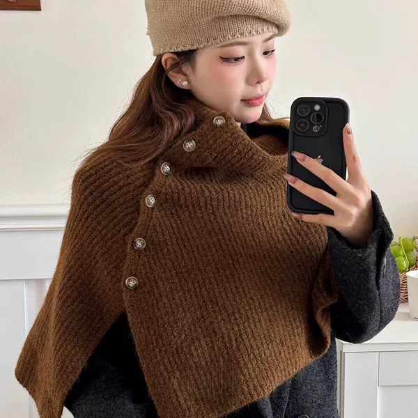 Winter thickened new stylish high-neck scarf, warm Korean-style oversized versatile buttoned knitted shawl