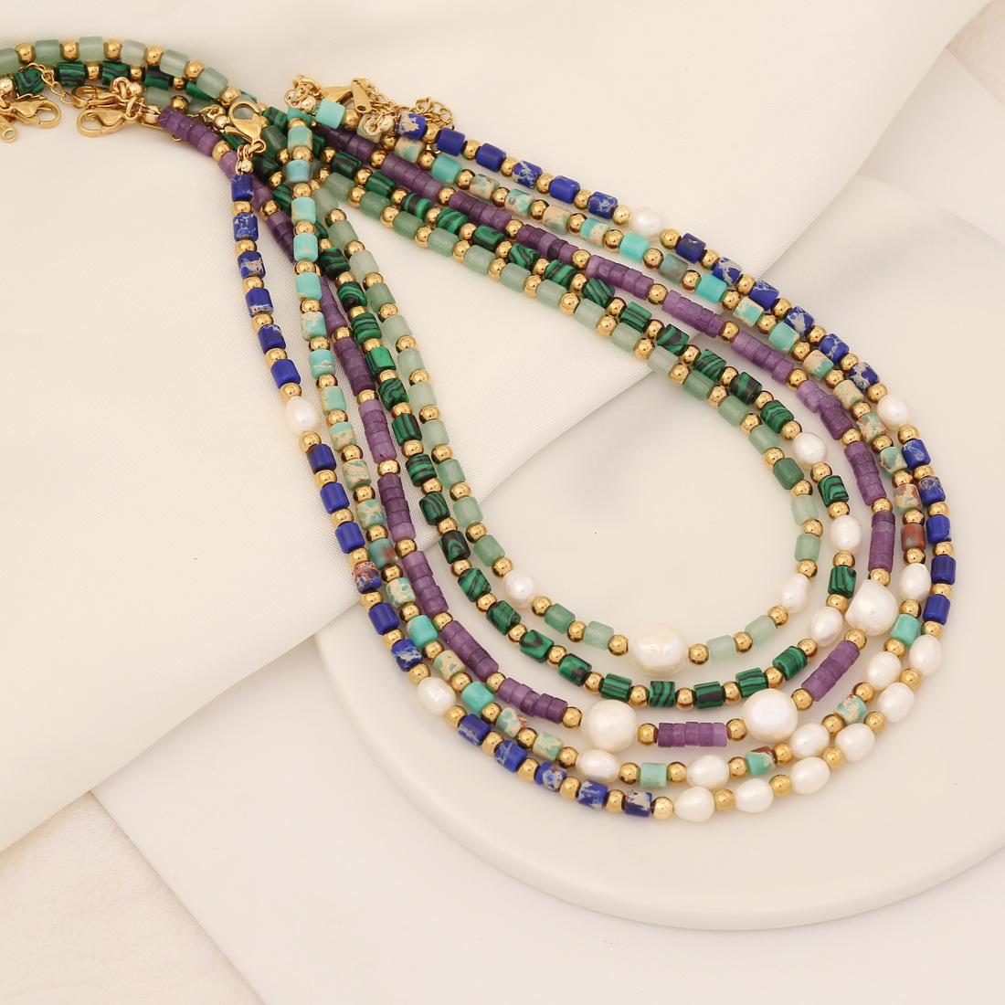 Fashion Round Stainless Steel natural stone Pearl Necklace 1 Piece