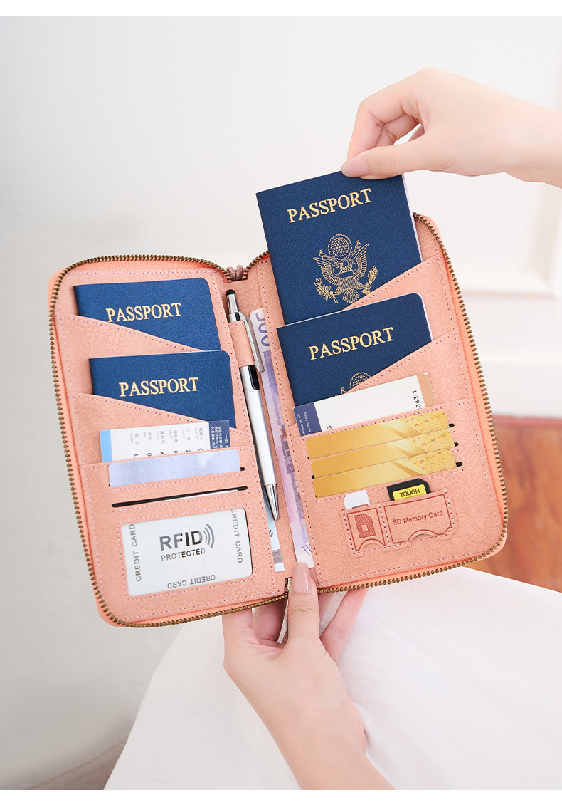 Cross-border new RFID anti-magnetic passport bag long zipper passport holder multifunctional travel ticket storage document bag