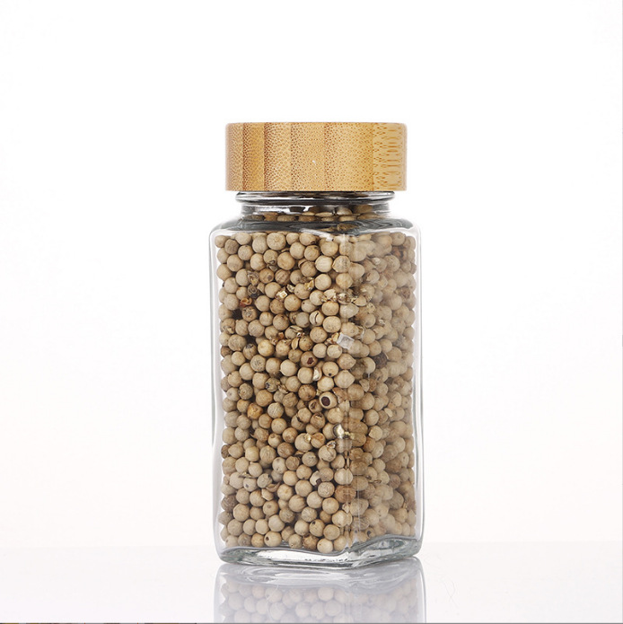 Botella de condimento transfronteriza de 4oz 120ML cubierta cuadrada de bambú y madera Kit de etiqueta de clasificación de alimentos de cocina frasco de especias de vidrio