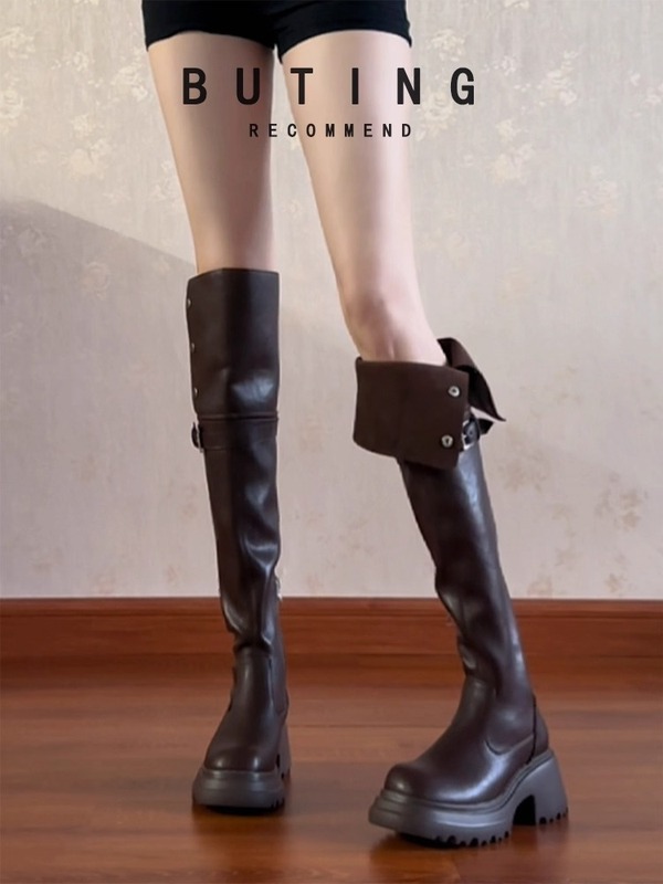 厚底过膝长靴女2025年秋冬两穿真皮复古粗跟骑士靴美拉德长筒靴子|undefined