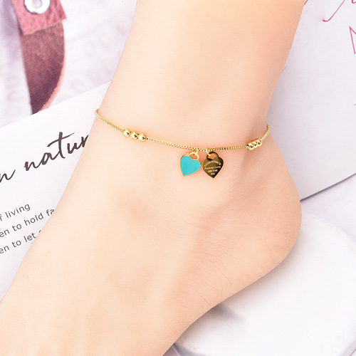 A variety of small golden bean love anklets, simple and versatile, mother-of-pearl butterfly green zircon foot accessories for women, titanium steel non-fading wholesale