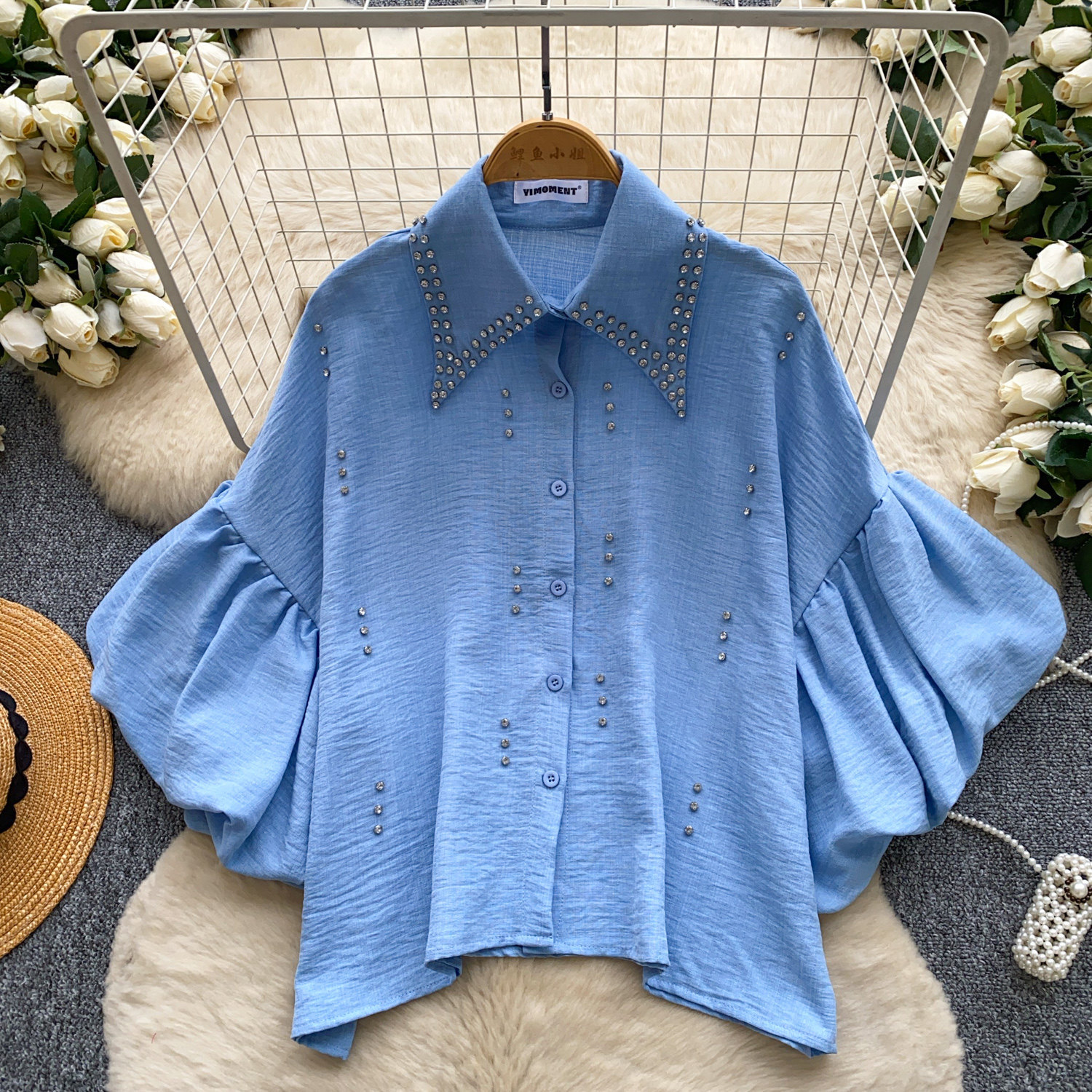 Women's French Style Rhinestone Blouse Summer Lantern Sleeve Cardigan Beaded Collar Loose Fit Versatile High End Top Heavy Duty_ecoleips.com