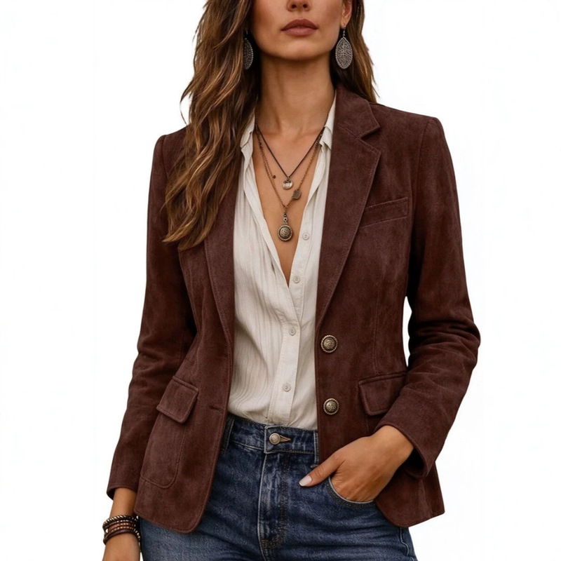2026 New Spring and Autumn Suede Jacket for Women, Slim Fit Long Sleeve Casual Blazer, European and American Fashion Style