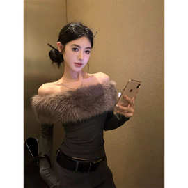 纯欲辣妹一字肩秋冬毛毛露肩修身打底衫长袖T恤女上衣