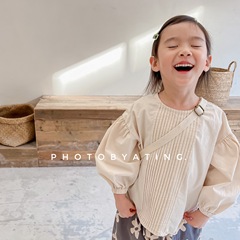 2024 Spring New Children's Clothing Girls' Spring Clothing Korean Style Linen Cotton Puff Sleeve Shirt 122090