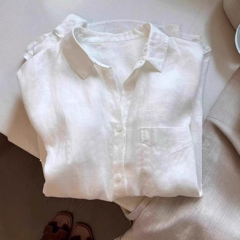 白色亚麻长袖衬衫女夏季穿搭设计感薄款宽松显瘦防晒开衫外套上衣|undefined