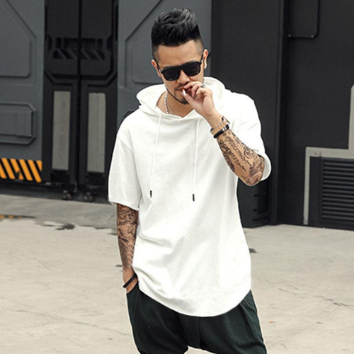 Cap sleeve men's fashion hat T-shirt loose large size hip-hop hat sweater half sleeve summer thin model with hat black hoodie
