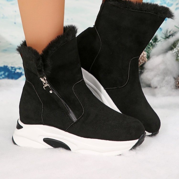 New round head with velvet warm side zipper low cylinder flat casual student women's snow boots_voghion.com