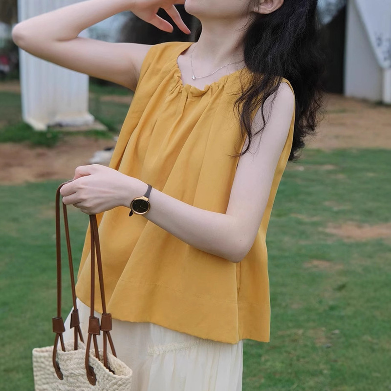 Mango Flavor Summer Yellow Pleated Collar Tencel Texted Doll Vest Sleeveless Top