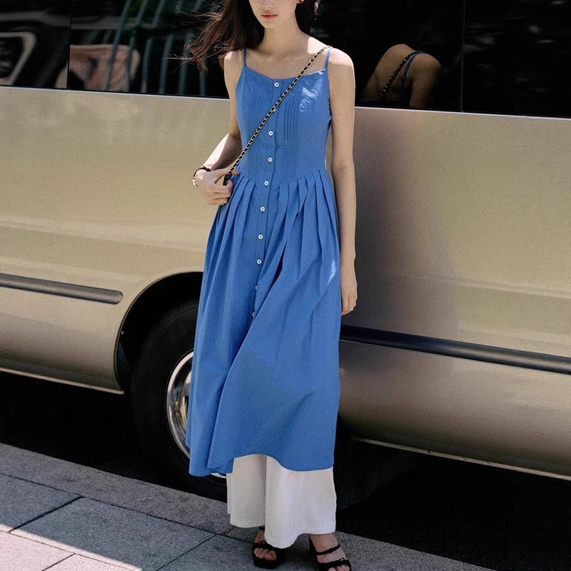 Klein Blue Suspender Dress Women's Summer Single-Breasted Slimming Niche Design Skirt