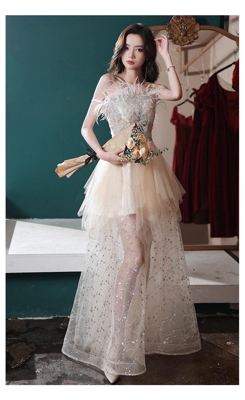 Đầm dạ hội nữ ôm body cổ yếm tay bồng thiết kế cổ tích — Mẫu dài màu sâm panh chi tiết 5