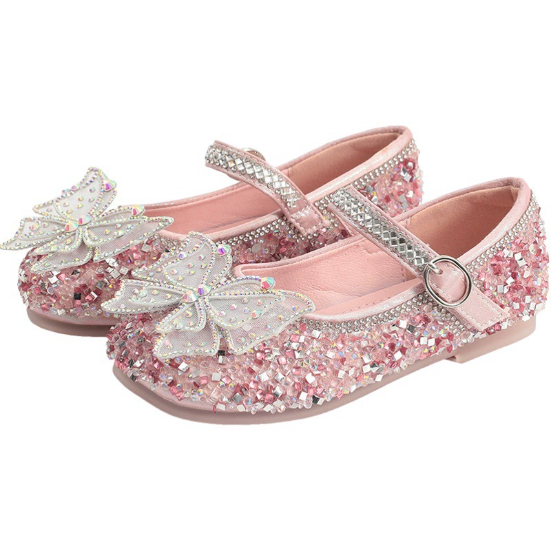 Обувь принцессы для девочек 2023 года, весна и осень, новая Универсальная детская обувь с квадратным носком, обувь с кристаллами Эльзы, Детская Однослойная обувь на мягкой подошве