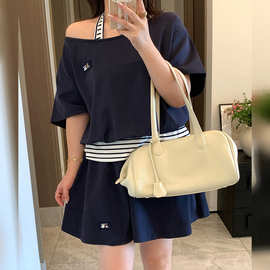 双天26年夏季新款大码女装胖mm假两件条纹挂脖上衣+半裙套装9380