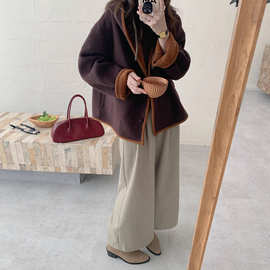 连帽大衣羊毛小个子短外套女2025秋季新款时尚宽松拼色韩版外套潮