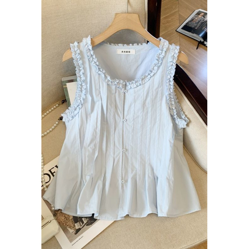 Designed Fungus Lace Pleated Vest Shirt for Women Summer New Slim Fit Shirt Chic High-End Top