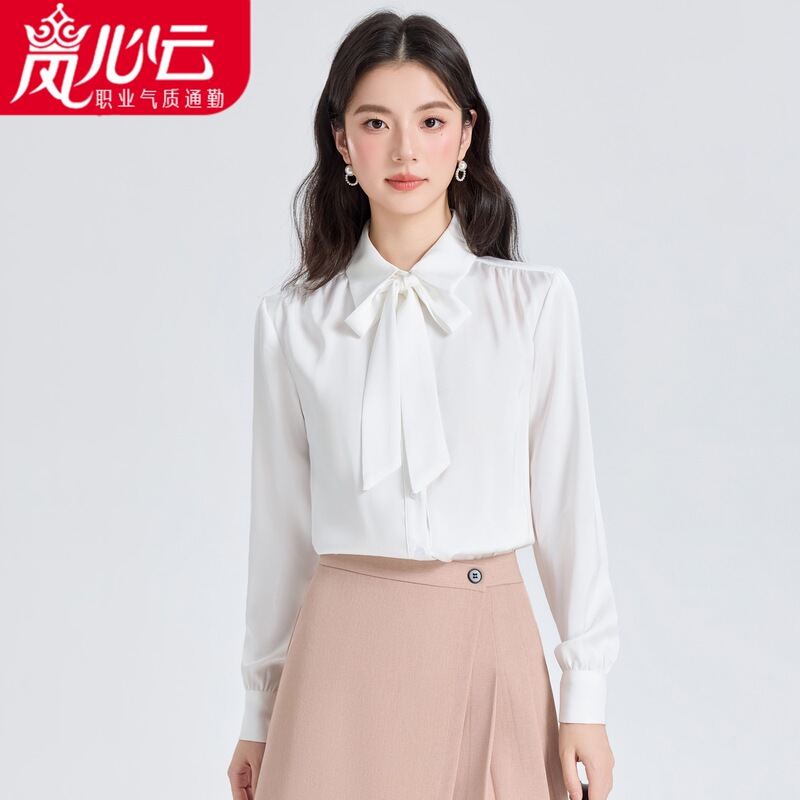 White Long-Sleeved Shirt for Women, New Spring Style, Chiffon Lace, Bow Tie, High-End Suit, Interview Shirt