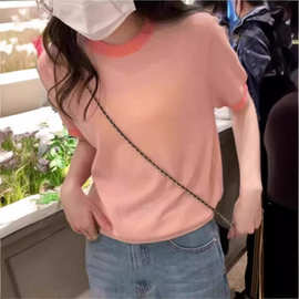 正肩短袖T恤女2023新款夏季设计感小众粉色针织独特别致短款上衣