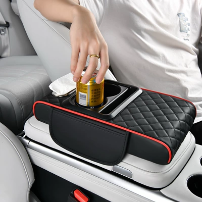 Car Storage Box Portable Tissue Box – Armrest box pad - quilted-embroidery-model-black-and-red-four-in-one
