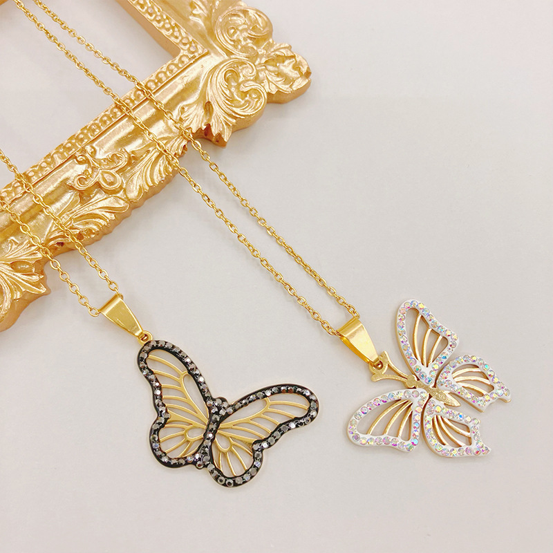 Fashion Butterfly Stainless Steel Titanium Steel Plating Zircon Pendant Necklace 1 Piece