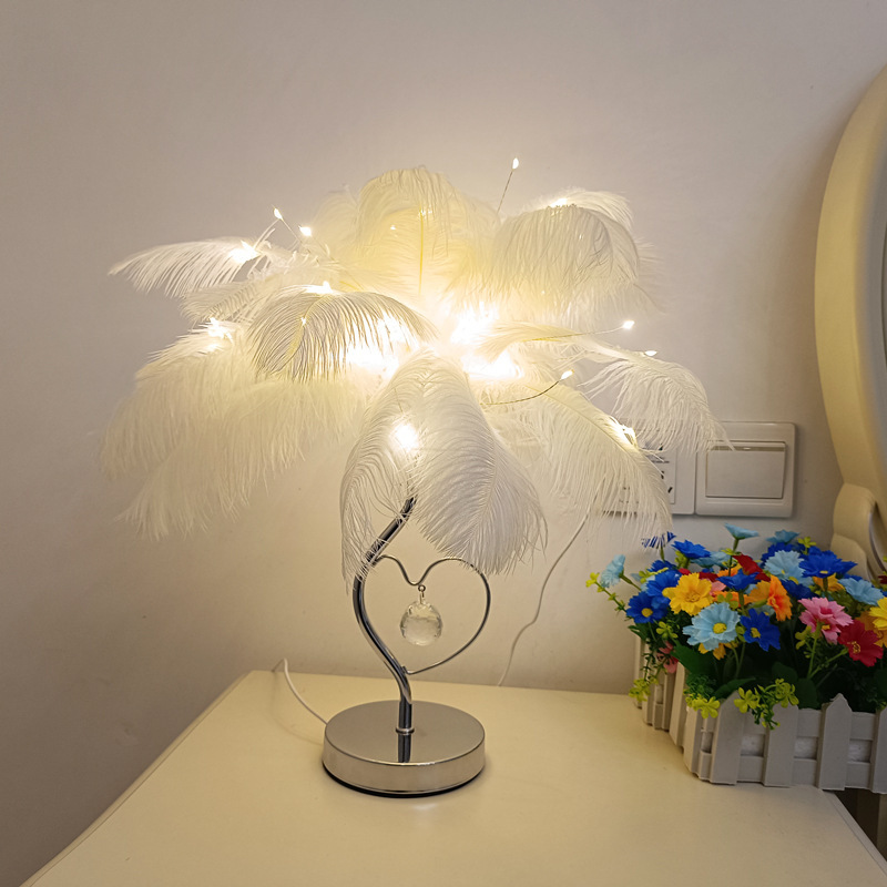 Ostrich hair table lamp feather table lamp heart wing crystal ostrich lamp white pink bedroom bedside decorative small table lamp