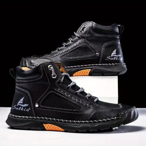 Autumn and winter plus-size men's leather boots, fashionable handmade stitched men's boots, outdoor lace-up mid-top casual men's shoes