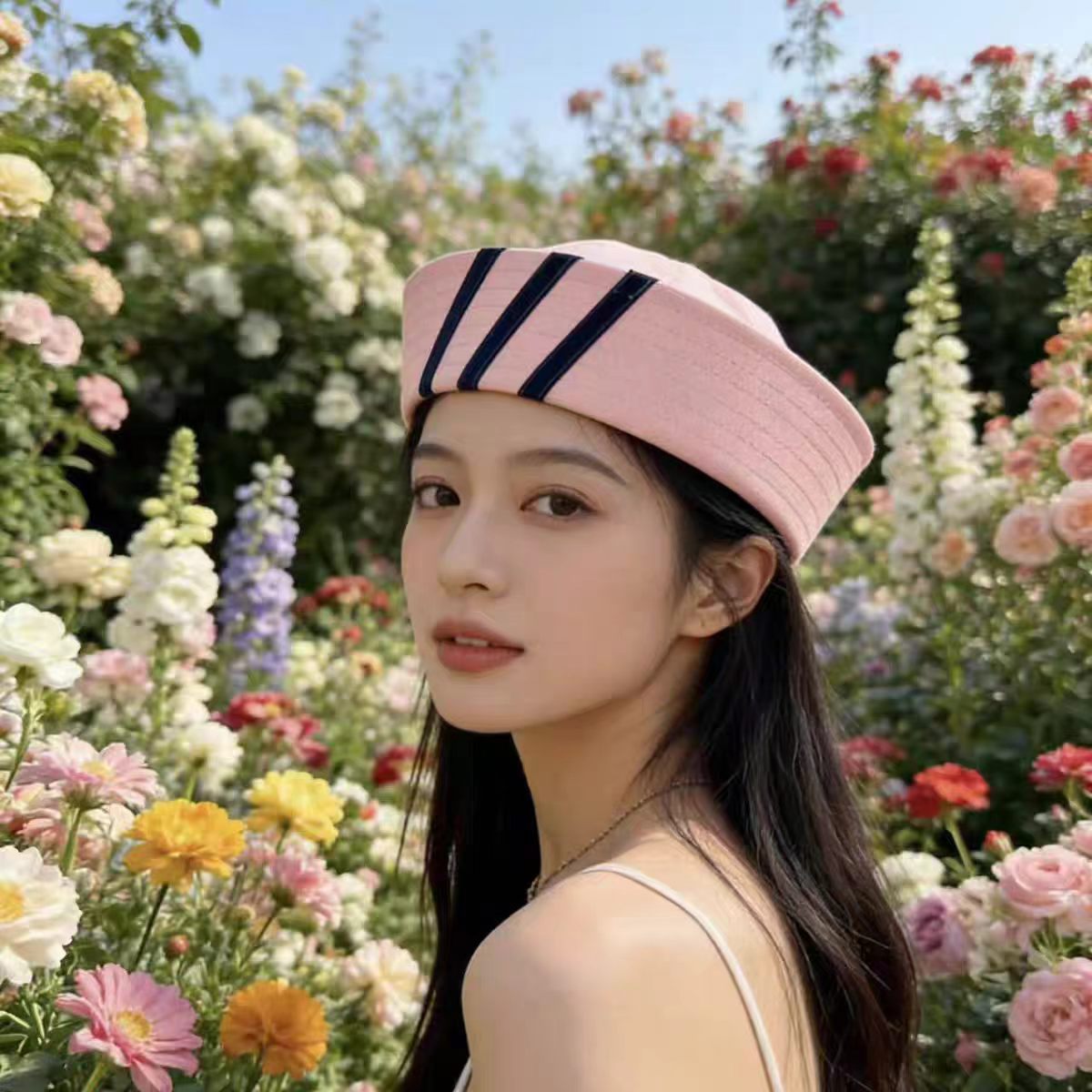 핑크 스트라이프 네이비 모자