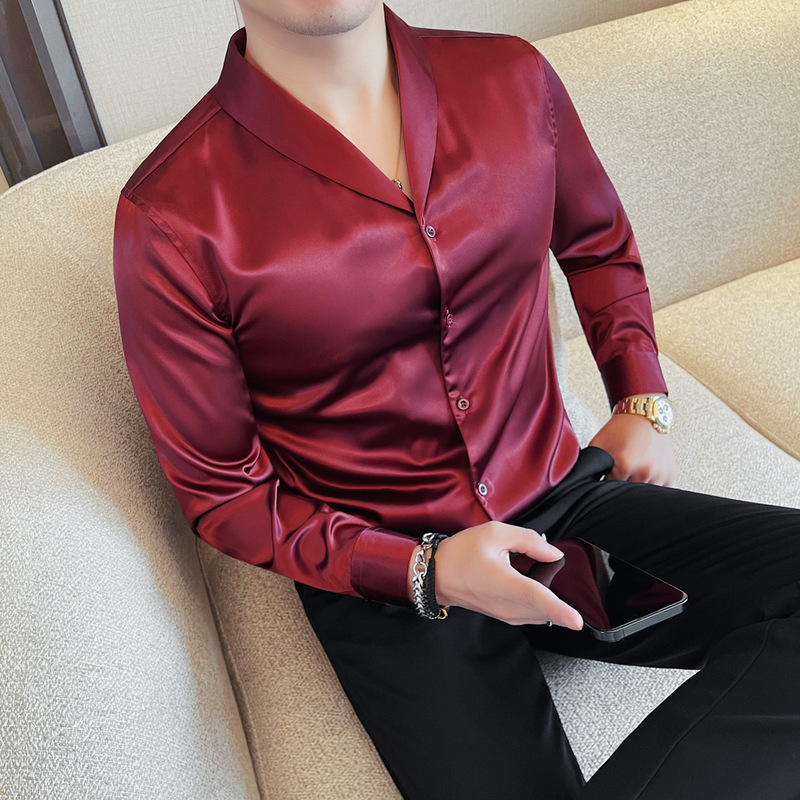 Men's Wedding Groomsmen Burgundy Long-Sleeved Shirt, Handsome and Accessible Luxury V Neck Slim Business No-Iron Party Shirt for Men
