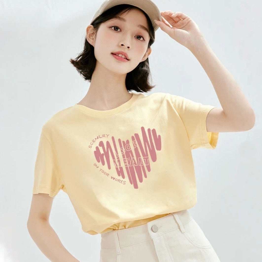 正肩圆领短袖t恤女2025新款爱心百搭女装洋气显瘦上衣打底衫夏季