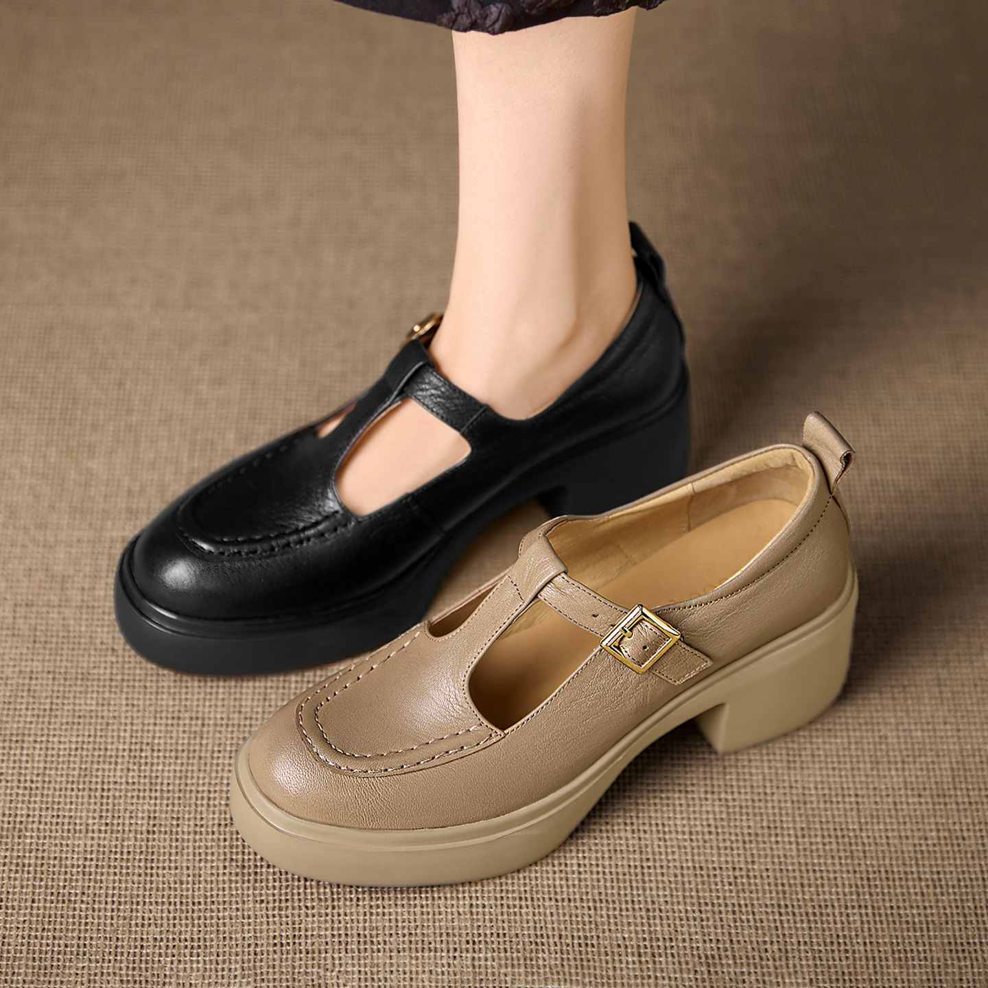 Giày Mary Jane nữ da cừu đế dày gót vuông 6,5 cm quai ngang khóa — đen