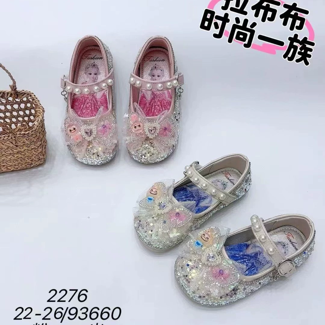 Осенние новые туфли для девочек с бантом из страз, детские туфли с мультяшным персонажем Лабубу, экспортные детские туфли