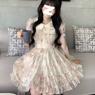 甜美减龄郁金香印花娃娃领多层裙摆连衣裙 温柔碎时尚公主裙代发