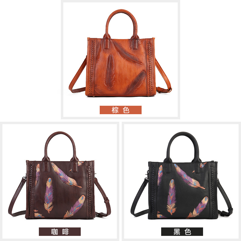 Genuine Leather Women's Handbag Top Grain Cowhide Vintage Small Square Bag Feather Embossed Tote Shoulder Bag - Thumbnail 3