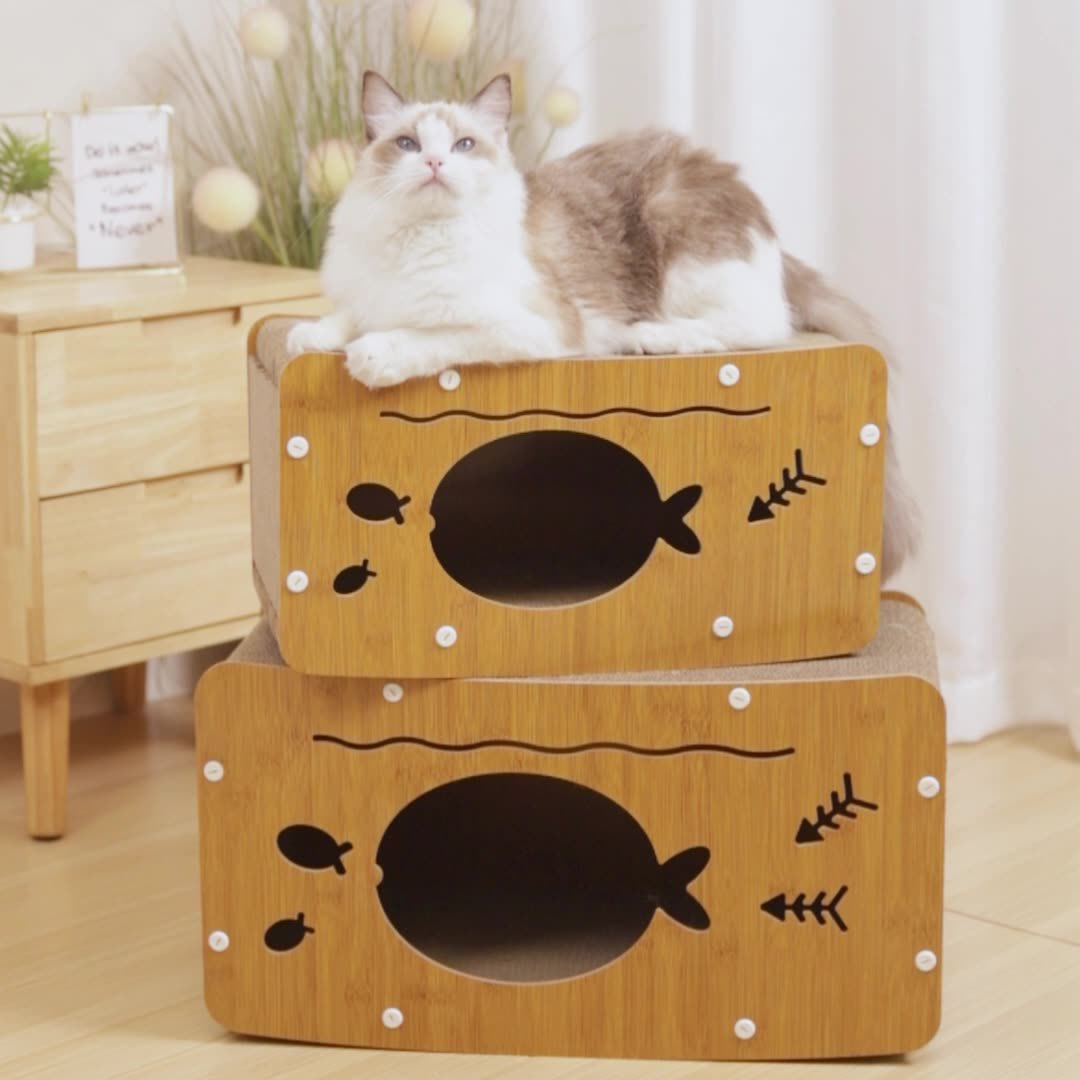 Hollow Fish Cat Scratch Board Cat Bed Integrated Upright Scratching Post Durable Corrugated Paper Cat Pet Toy No Shed