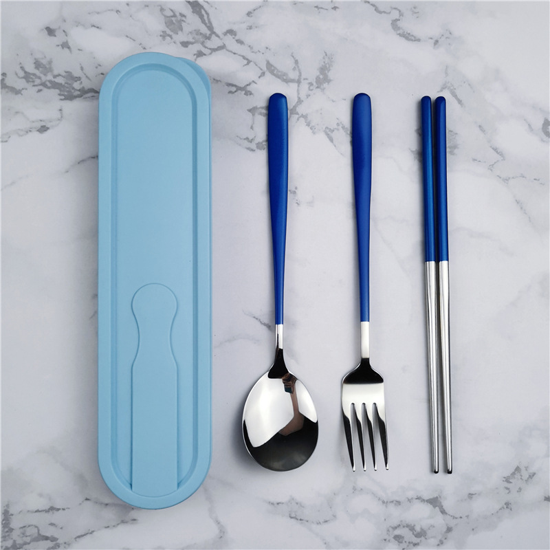 304 de acero inoxidable vajilla estilo coreano palillos conjunto de tres piezas traje portátil estudiante comedor al aire libre logotipo impreso