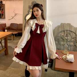 秋装新版大码胖mm连衣裙女装公主风减龄小众设计感蝴蝶结