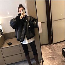 新款秋冬皮毛一体机车服短款外套女羊羔毛韩版加绒皮衣黑色短外套