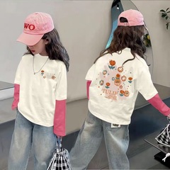 纯棉女童拼色可爱长袖T恤秋季时髦网红潮流卡通动漫甜美打底上衣