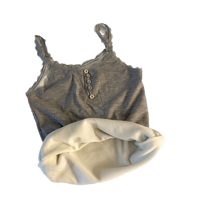 (2개) 레이스 버튼 스트랩 브이넥 웜 조끼 플러스 벨벳과 두꺼운 가을, 겨울 방한 여성용 내부 및 외부 바닥 셔츠