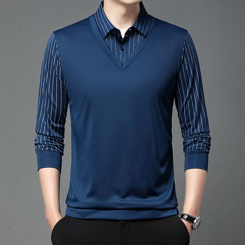 Autumn fake two-piece shirt collar T-shirt long sleeve Spring and Autumn Sweater dad wear loose bottoming shirt men's top