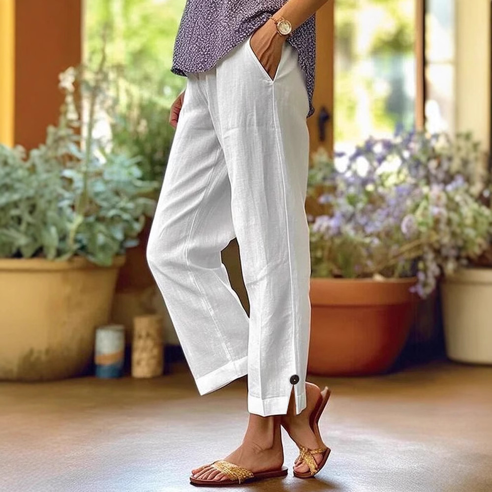 Women's Cotton Linen Casual Pants Loose Fit Straight Leg Elastic Waist Pockets Regular Thickness For Spring/Autumn Summer Wear_voghion.com