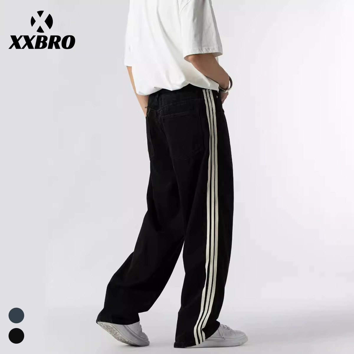 Xxbro мужская одежда # уличный прилив 23SS ретро три планки прямые широкие брюки черные джинсы для мужчин и женщин