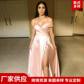 新款晚礼服性感V领卡肩简约缎面舞会演出服主持晚会礼服裙批发