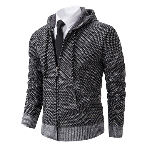 Cross-border European and American-style Cardigan Sweater for Men – Autumn/Winter Fleece-Lined Knitwear, Men's Outdoor Hooded Knitted Jacket