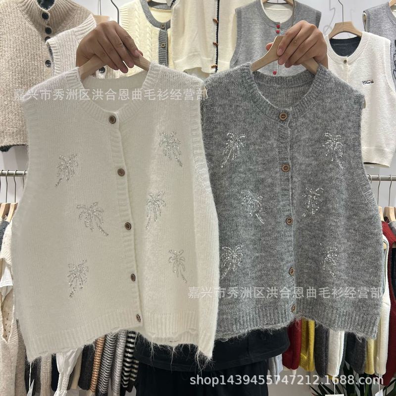 韩系复古无袖针织开衫背心女秋冬新款宽松慵懒风毛衣马甲圆领上衣|undefined