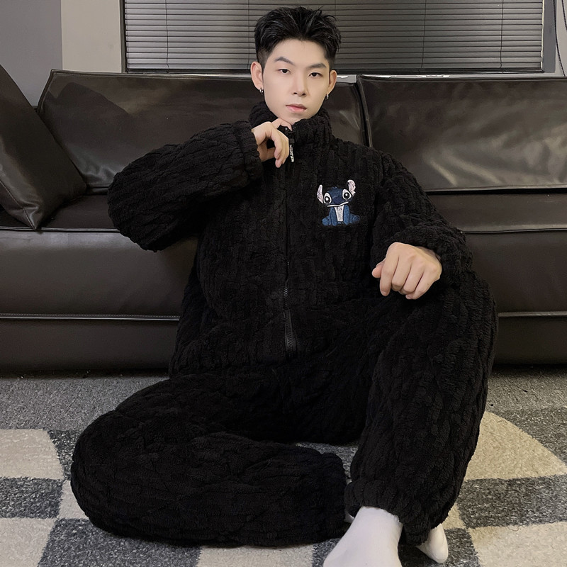 2024 otoño y invierno pijama de hombre coral de lana más lana gruesa chaqueta de algodón de transmisión en vivo manga larga conjunto de tres capas de algodón intercalado de calor