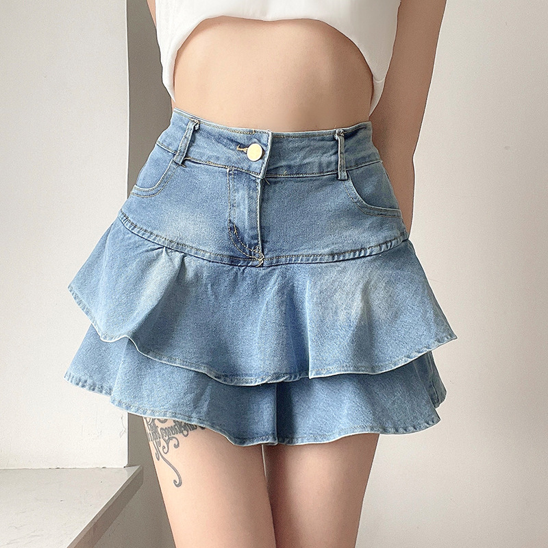 high waist ruffled layered short denim skirt NSGWY117400