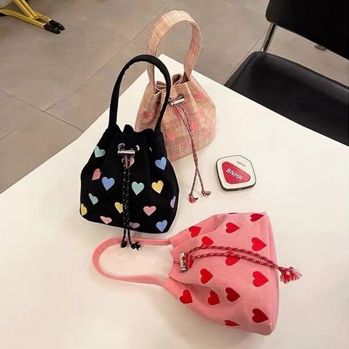 Korean embroidered love strap pink handbag for women 2024 spring and summer new style shoulder crossbody mini bucket bag