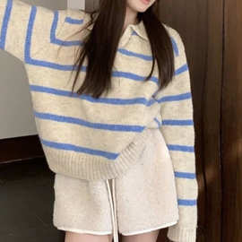 韩系撞色条纹领毛衣女秋冬2026新款小个子内搭套头打底针织衫