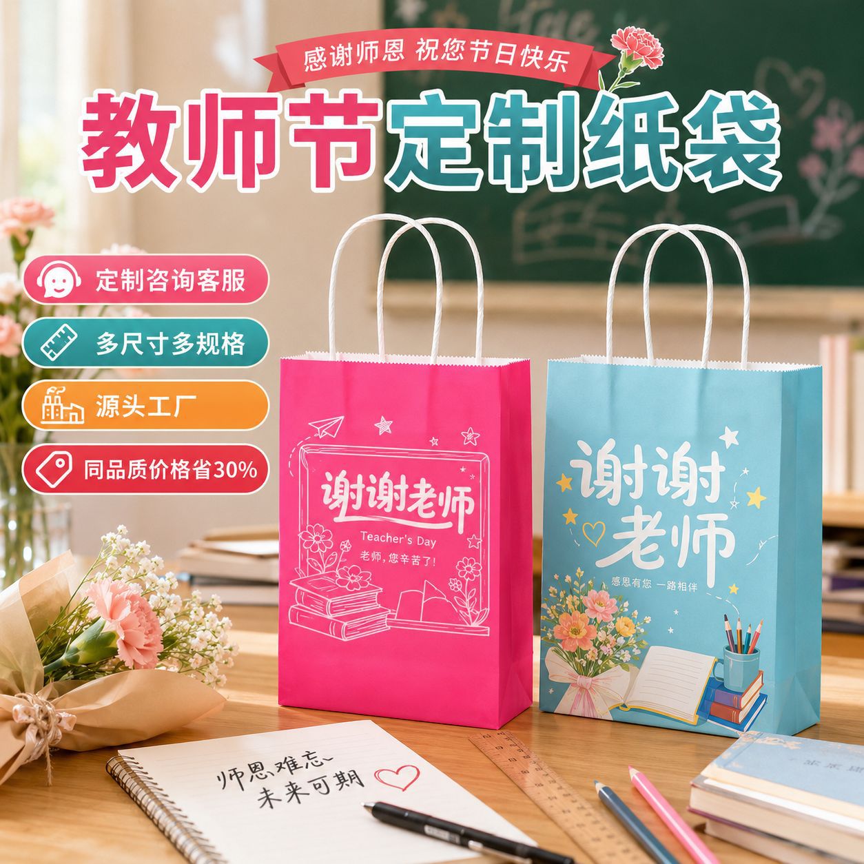 加厚彩印牛皮纸袋定制logo节日礼物手提袋教师节伴手礼品袋子批发